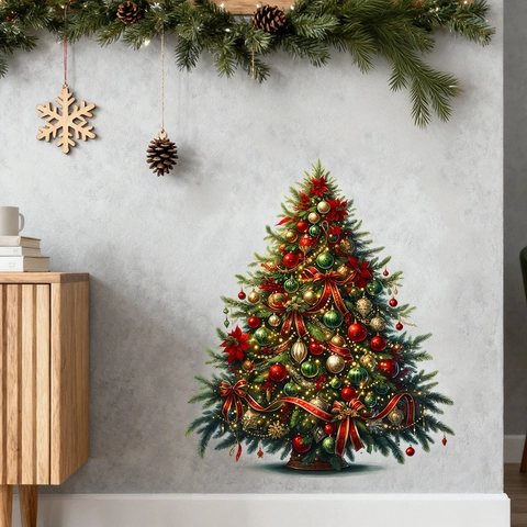 Vinilo Decorativo Árbol de Navidad Calcomanía de PVC Removible Con Bolas Rojas Oro Estrellas Decoración Para Sala de Estar