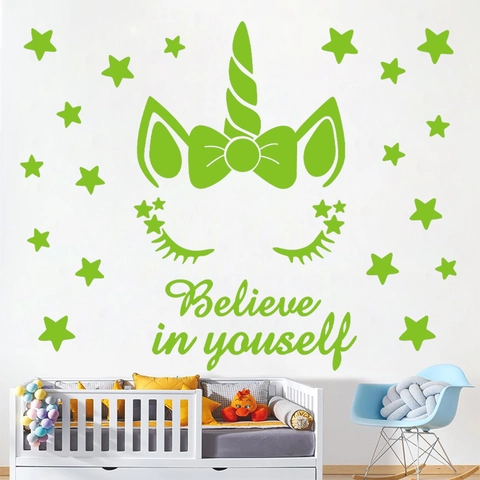 Luminosi Adesivi Murali Unicorno Brilla Al Buio Stelle Decalcomania Fiocco Farfalla Citazione Believe In Yourself Camera Bambini