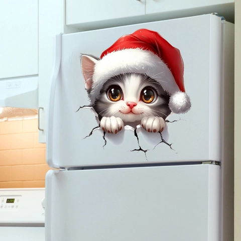 3D Cat Christmas Wall Sticker Waterproof PVC Decal Cute Kitten With Red Hat Breaking Wall Effect For Home Decor