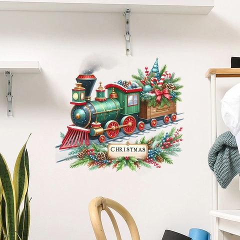 Adesivi Murali Treno a Vapore di Natale Vintage Impermeabili in PVC Autoadesivi Decalcomania Decorativa per Soggiorno Camera
