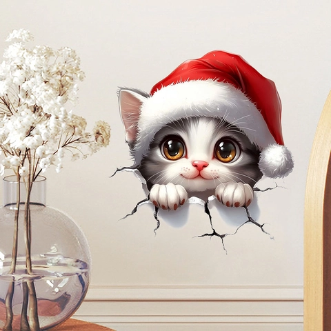 3D Cat Christmas Wall Sticker Waterproof PVC Decal Cute Kitten With Red Hat Breaking Wall Effect For Home Decor