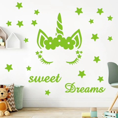 Leuchtet Im Dunkeln Einhorn Sterne Wandaufkleber Für Kinderzimmer Fluoreszierend Grün Selbstklebend PVC Sweet Dreams Dekor