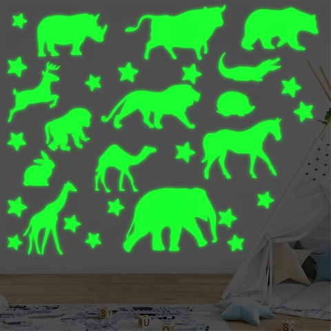 Lichtgevende Bosdieren Sterren Muurstickers Glow In The Dark PVC Fluorescerend Groen Kinderkamer Decoratie Zelfklevend