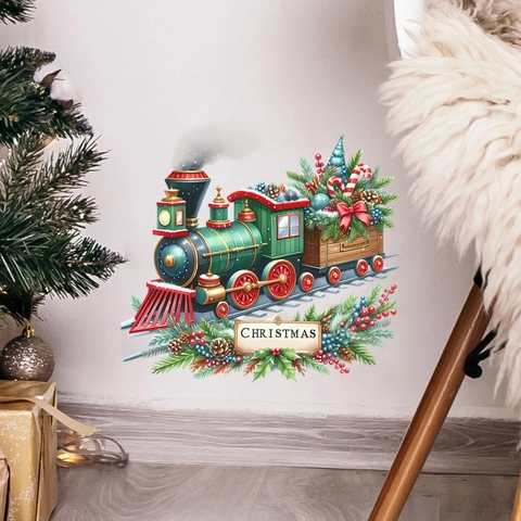 Adesivi Murali Treno a Vapore di Natale Vintage Impermeabili in PVC Autoadesivi Decalcomania Decorativa per Soggiorno Camera