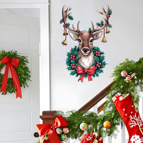Sticker Mural Tête de Renne de Noël PVC Imperméable Amovible Renne Avec Cloche Noeud Couronne Décoration Maison Festive