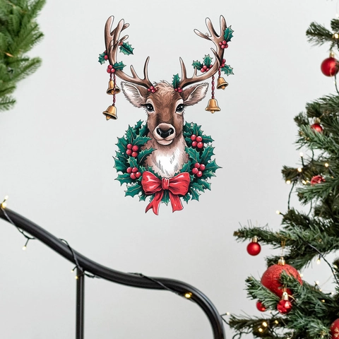 Sticker Mural Tête de Renne de Noël PVC Imperméable Amovible Renne Avec Cloche Noeud Couronne Décoration Maison Festive