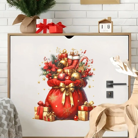 Weihnachtsgeschenktüte Wandaufkleber PVC Wasserdicht Feiertag Deko Für Wohnzimmer Schlafzimmer Büro Rot Gold Sterne Muster