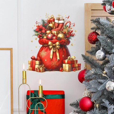 Weihnachtsgeschenktüte Wandaufkleber PVC Wasserdicht Feiertag Deko Für Wohnzimmer Schlafzimmer Büro Rot Gold Sterne Muster