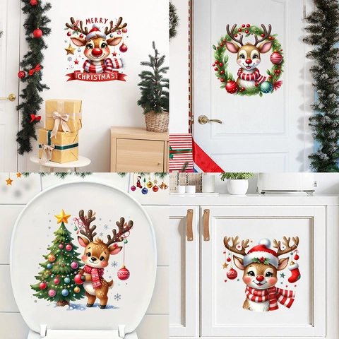 Kerstmis Cartoon Rendier Krans Muursticker Waterdicht PVC Zelfklevende Sticker Voor Woonkamer Slaapkamer Toilet Decoratie