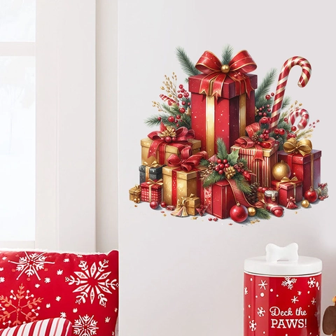 Adhesivos de Pared de Caja de Regalo de Navidad PVC Impermeable Calcomanías Removibles Rojo Oro Para Sala de Estar Dormitorio Casa