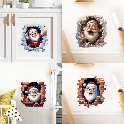 3D Visueel Effect Kerstmis Kerstman Gebroken Muur Sticker Waterdicht PVC Zelfklevend Muursticker Voor Woonkamer Huisdecoratie