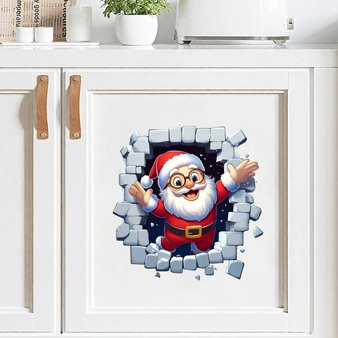 3D Visueel Effect Kerstmis Kerstman Gebroken Muur Sticker Waterdicht PVC Zelfklevend Muursticker Voor Woonkamer Huisdecoratie