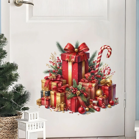 Adhesivos de Pared de Caja de Regalo de Navidad PVC Impermeable Calcomanías Removibles Rojo Oro Para Sala de Estar Dormitorio Casa
