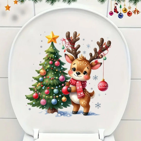 Kerstmis Cartoon Rendier Krans Muursticker Waterdicht PVC Zelfklevende Sticker Voor Woonkamer Slaapkamer Toilet Decoratie