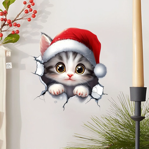 Adhesivo de Pared 3D de Gato de Navidad PVC Autoadhesivo para Sala de Estar Dormitorio Decoración Festiva Lindo Animal Efecto de Pared