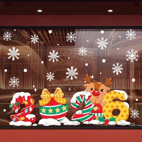 2026 Weihnachten Fensteraufkleber Rentier Schneeflocke Statisch Haftend Neujahr Party Glastür Wohndeko Wasserdicht PVC Wandtattoo