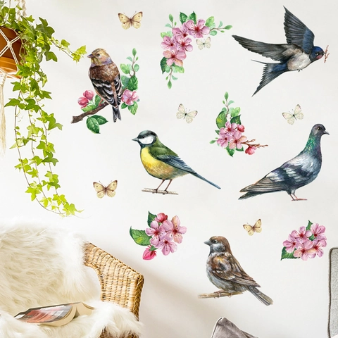 Aquarell Pflaumenblüte Vögel Schmetterlinge Wandtattoo PVC Selbstklebend Blume Ast Wandbilder Für Wohnzimmer Schlafzimmer Deko