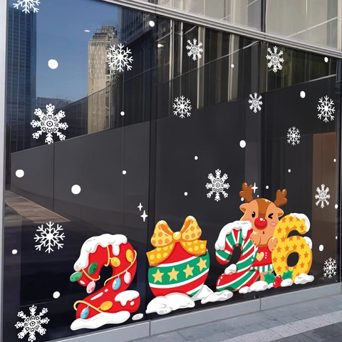 2026 Weihnachten Fensteraufkleber Rentier Schneeflocke Statisch Haftend Neujahr Party Glastür Wohndeko Wasserdicht PVC Wandtattoo