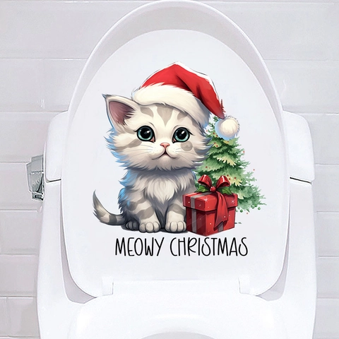 Weihnachten Katze Wandtattoo PVC Wasserdicht Abnehmbarer Aufkleber Für Badezimmer Wohnzimmer Festliche Meowy Christmas Dekoration