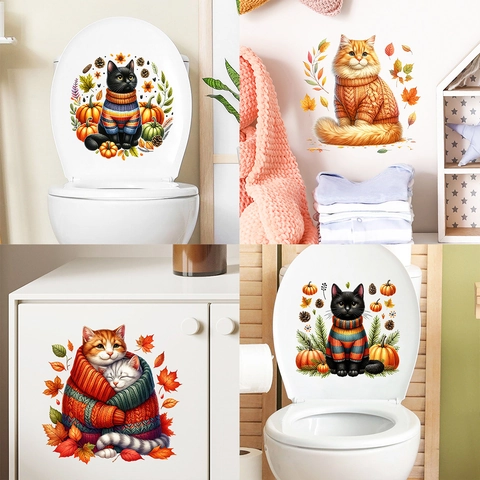 Adesivo Murale Gatto Autunnale Foglia D'Acero Impermeabile Rimovibile in PVC Per Bagno Cucina Toilette Decorazione Zucca Halloween Ringraziamento