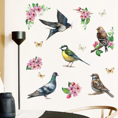Aquarell Pflaumenblüte Vögel Schmetterlinge Wandtattoo PVC Selbstklebend Blume Ast Wandbilder Für Wohnzimmer Schlafzimmer Deko