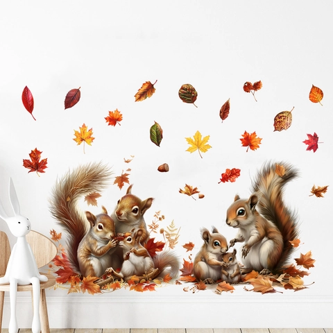 Adesivo Murale Autunnale Scoiattolo Foglia di Acero Impermeabile PVC Autoadesivo Decalcomania Rimovibile per Soggiorno Camera Casa