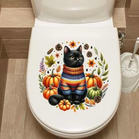 Adesivo Murale Gatto Autunnale Foglia D'Acero Impermeabile Rimovibile in PVC Per Bagno Cucina Toilette Decorazione Zucca Halloween Ringraziamento