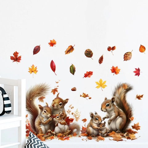 Adesivo Murale Autunnale Scoiattolo Foglia di Acero Impermeabile PVC Autoadesivo Decalcomania Rimovibile per Soggiorno Camera Casa