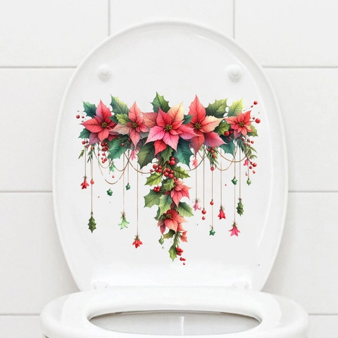 Wasserdicht PVC Blume Toilettendeckel Aufkleber Abnehmbare Blumen Wandtattoo Für Badezimmer Deko Aquarell Pfingstrose Tulpe Weihnachtsstern