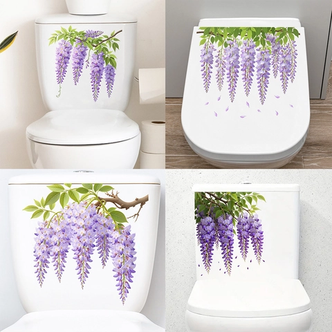 Autocollants de Décoration de Toilettes Fleur de Glycine Violette Imperméables en PVC Auto-adhésifs pour Salle de Bain Décoration de Maison Amovibles
