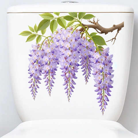 Autocollants de Décoration de Toilettes Fleur de Glycine Violette Imperméables en PVC Auto-adhésifs pour Salle de Bain Décoration de Maison Amovibles