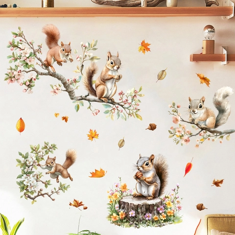 Aquarel Eekhoorn Tak Esdoornblad Muurstickers Zelfklevend Waterdicht PVC Decoratie Voor Babykamer Woonkamer Huis Decor