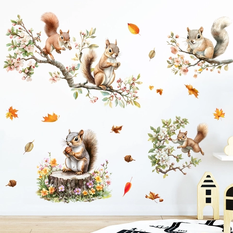 Aquarel Eekhoorn Tak Esdoornblad Muurstickers Zelfklevend Waterdicht PVC Decoratie Voor Babykamer Woonkamer Huis Decor