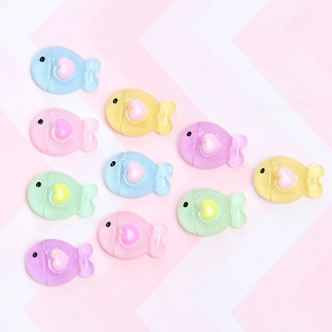 Resin Glitter Cute Fish Charms With 3D Heart Cartoon Animal Flatback Accessories For DIY Phone Case Hair Clip Jewelry Making