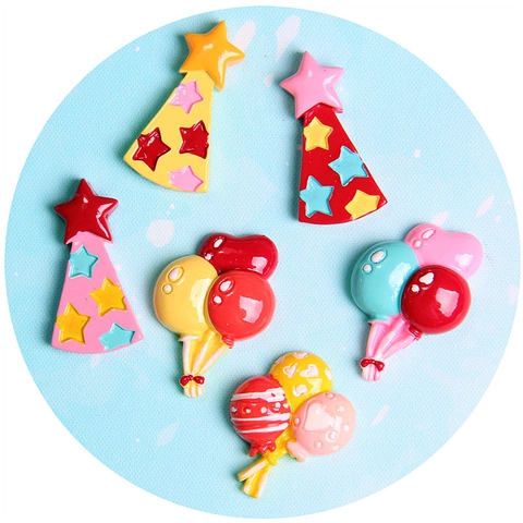Amuletos de Espalda Plana de Resina con Sombrero de Fiesta y Globos Accesorios de Manualidades DIY para Pinzas para el Cabello Decoración de Teléfono