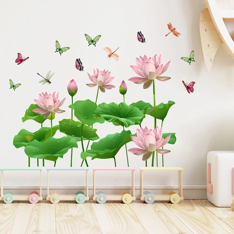 Waterproof PVC Lotus Lily Pad Wall Sticker For Living Room Bedroom Floral Butterfly Dragonfly Self Adhesive Mural Decal