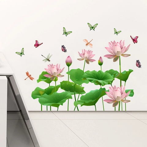 Waterproof PVC Lotus Lily Pad Wall Sticker For Living Room Bedroom Floral Butterfly Dragonfly Self Adhesive Mural Decal