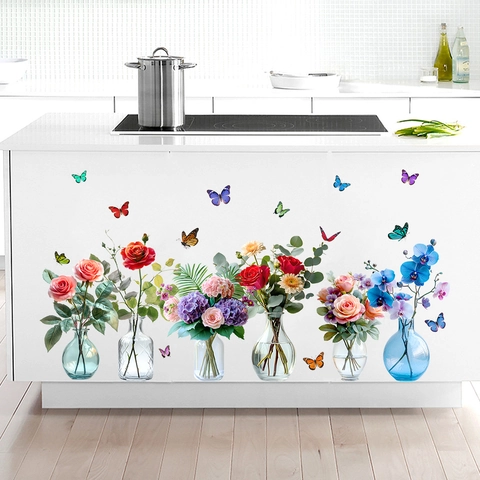 Waterdichte PVC Simulatie Bloem Vaas Muursticker Roos Pioen Schmetterling Patroon Decal Voor Woonkamer Slaapkamer Huis Decoratie
