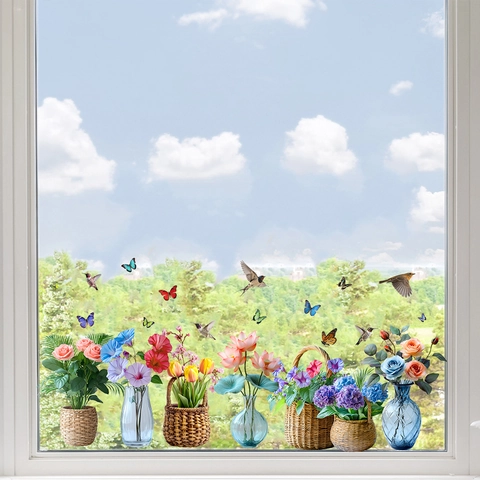 Statisches Fensteraufkleber Set Kolibri Schmetterling Blumen Vase Muster PVC Wasserdicht Abnehmbare Glas Dekoration Abziehbilder