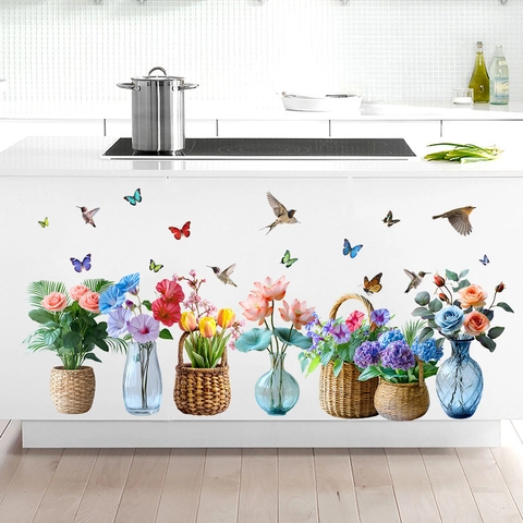 Pegatinas de Pared de Florero de Mariposa de Colibrí PVC Calcomanías Florales Autoadhesivas Para Sala de Estar Dormitorio Cocina Decoración