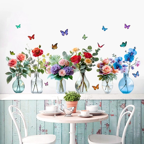 Waterdichte PVC Simulatie Bloem Vaas Muursticker Roos Pioen Schmetterling Patroon Decal Voor Woonkamer Slaapkamer Huis Decoratie