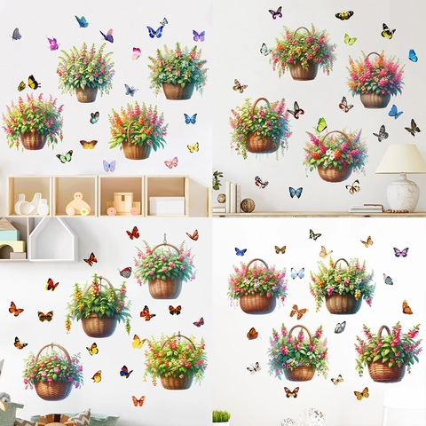 PVC Waterproof Wall Stickers Flower Basket Butterfly Wildflower Floral Pattern Self Adhesive Decals For Living Room Bedroom Home Decor