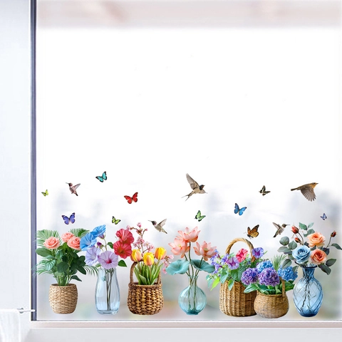 Statisches Fensteraufkleber Set Kolibri Schmetterling Blumen Vase Muster PVC Wasserdicht Abnehmbare Glas Dekoration Abziehbilder