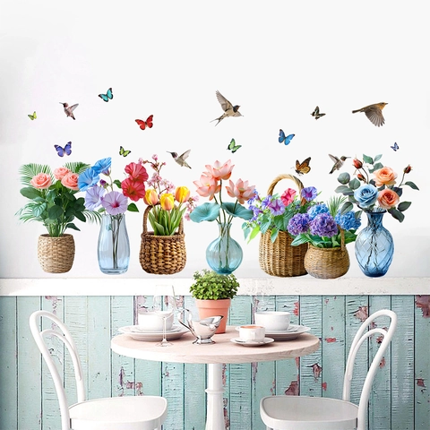 Pegatinas de Pared de Florero de Mariposa de Colibrí PVC Calcomanías Florales Autoadhesivas Para Sala de Estar Dormitorio Cocina Decoración