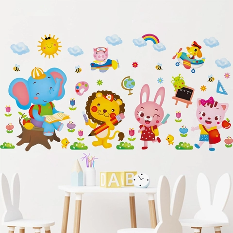 Adesivi Murali Educativi Animali Cartoni Animati Decalcomania PVC Impermeabile per Cameretta Bambini Asilo Elefante Leone DIY