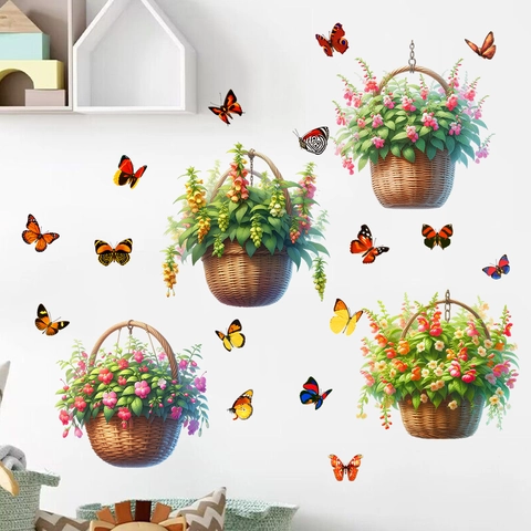 PVC Waterproof Wall Stickers Flower Basket Butterfly Wildflower Floral Pattern Self Adhesive Decals For Living Room Bedroom Home Decor