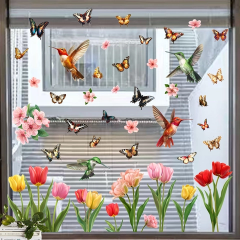 Kolibrie Vlinder Tulp Statisch Hechtende Vensterstickers PVC Bloem Vogel Glasstickers Voor Thuis Woonkamer Decoratie