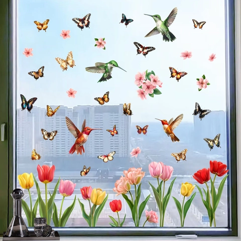 Kolibrie Vlinder Tulp Statisch Hechtende Vensterstickers PVC Bloem Vogel Glasstickers Voor Thuis Woonkamer Decoratie