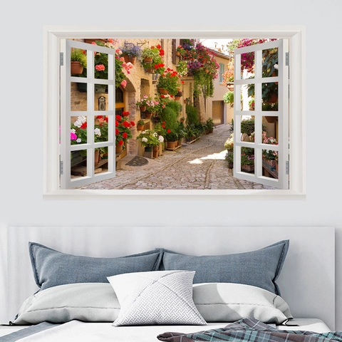 3D Nep Venster Muursticker Europese Bloemenstraat Uitzicht Zelfklevende PVC Sticker Voor Woonkamer Slaapkamer Huis Wanddecoratie