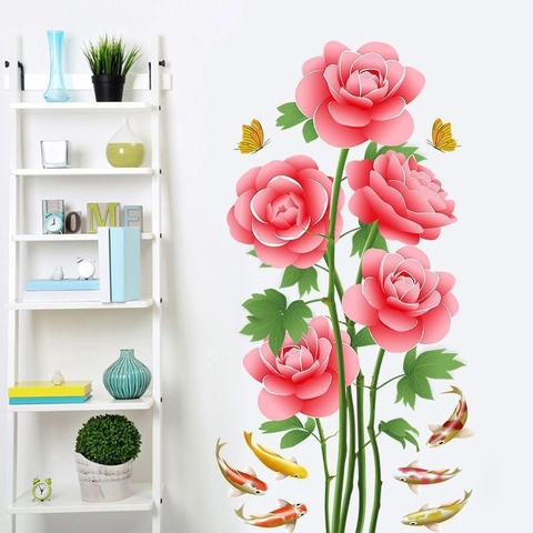 Waterproof PVC Wall Stickers Rose Butterfly Koi Fish Pattern Self-Adhesive Removable Decals For Living Room Bedroom Decor